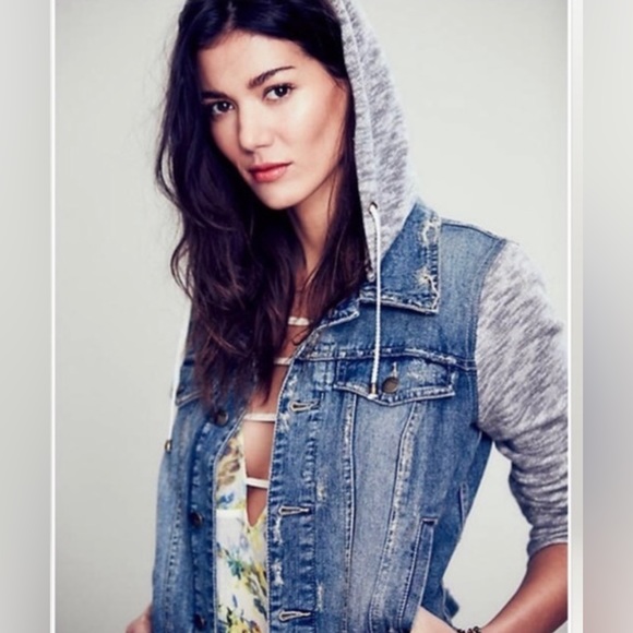 Free People Distressed Denim Hoodie XS - Picture 3 of 8